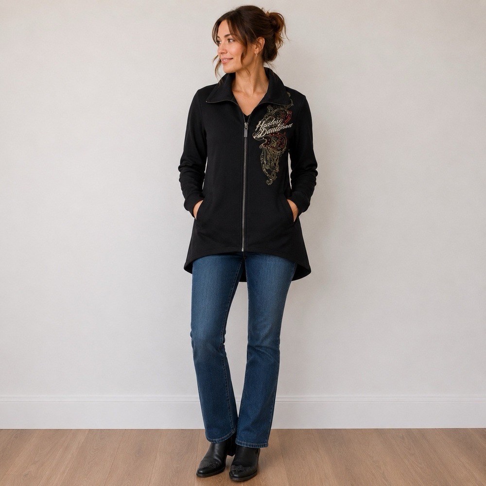 Harley Davidson Sweatshirt Women M Black Full Zip Double Side Graphic Rhinestone - Picture 2 of 10